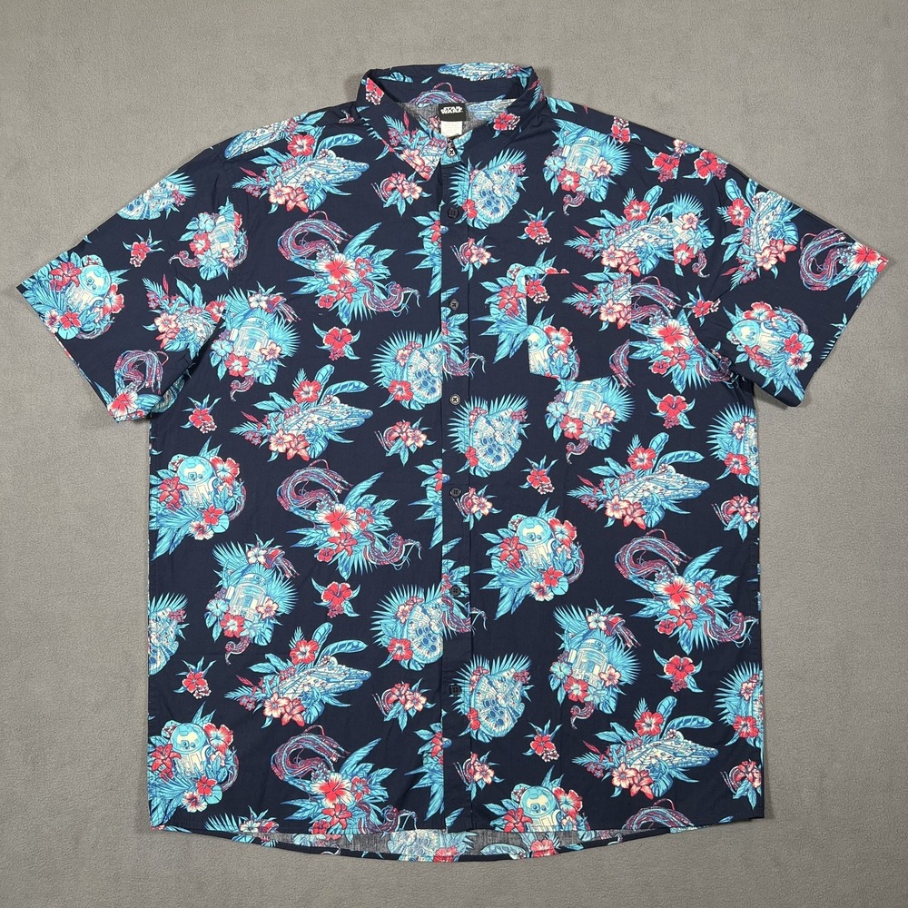STAR WARS Hawaiian Shirt Mens XXL Button Down R2D2 Millennium Falcon Floral Navy